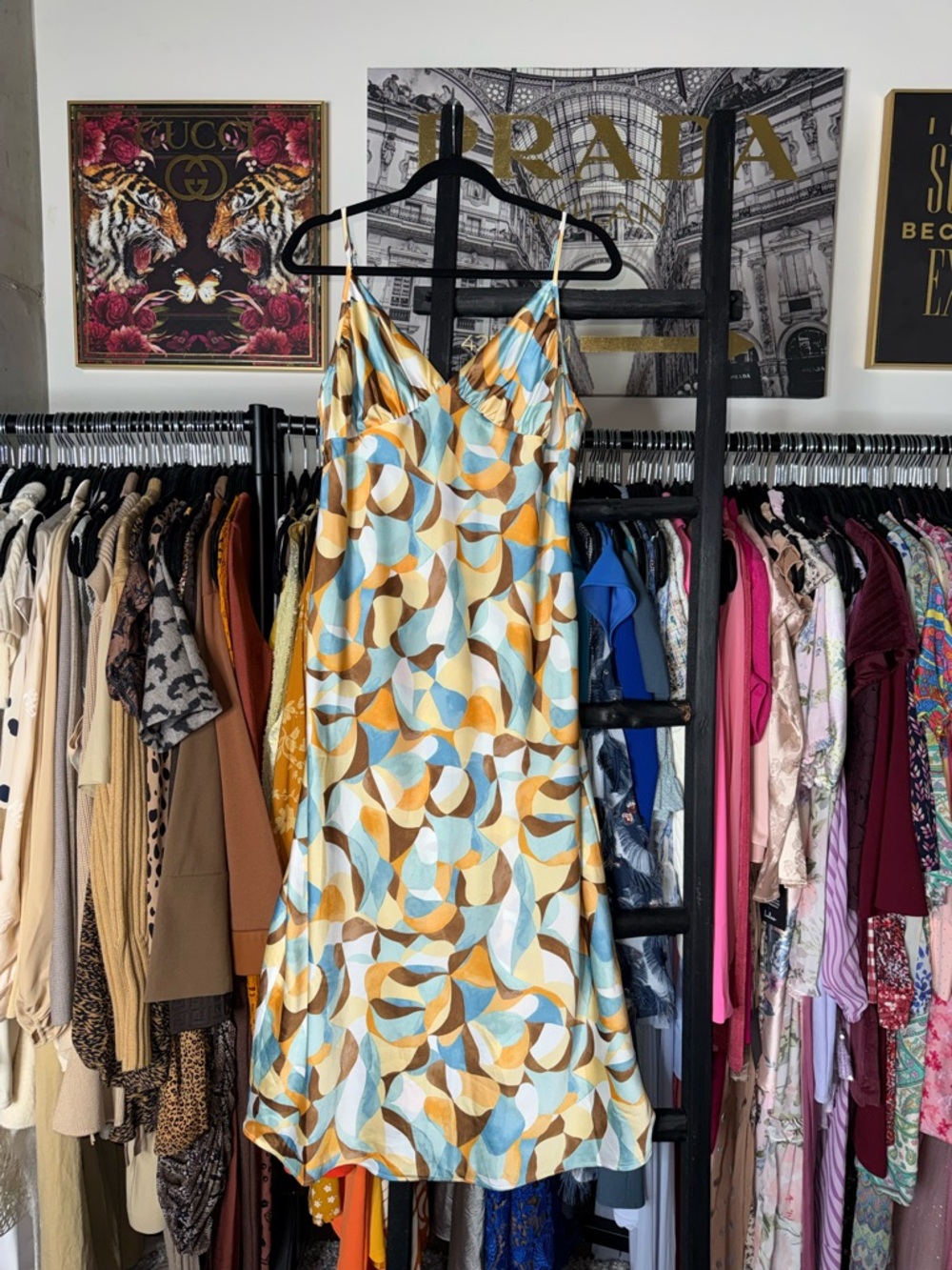 Abercrombie & Fitch Satin Slip Dress Abstract Print Midi Cowl Neck Large New NWT